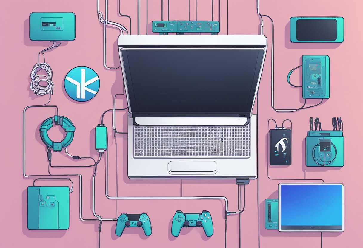 A PS5 console with a disconnected internet symbol displayed on the screen, surrounded by various electronic devices and cables