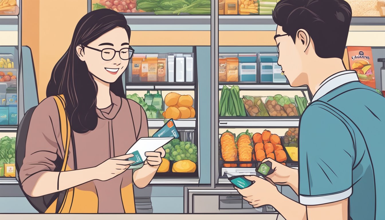 A student in Singapore swipes a DBS Fresh Card at various merchants, earning rewards and cashback. The card is used for dining, shopping, and transportation, maximizing its benefits