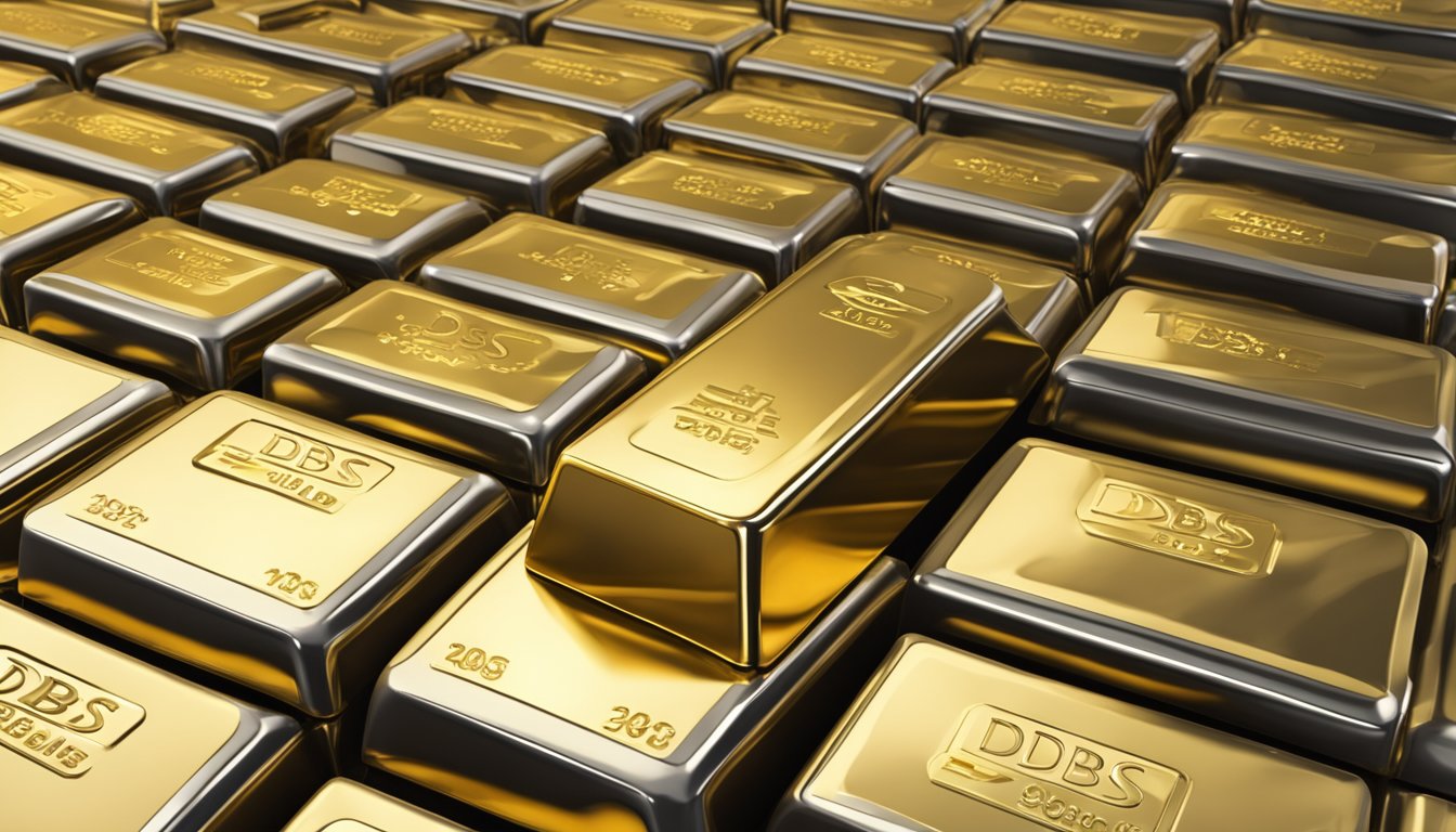 A stack of gold bars displayed in a secure vault, with the DBS logo prominently featured. The bars are arranged neatly, with a spotlight highlighting their shiny surface