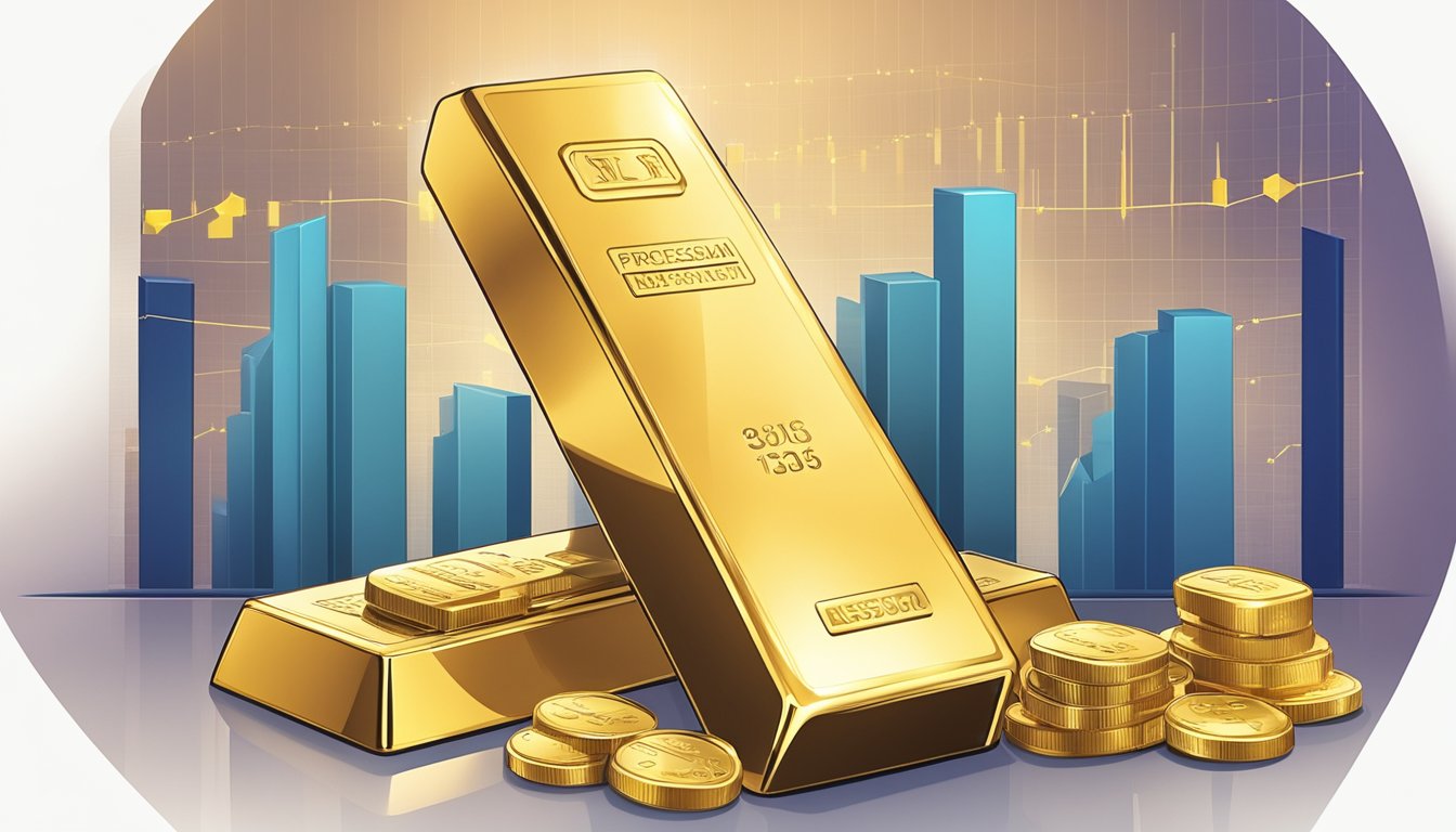 A gleaming gold bar rests securely in a sleek, modern safe, surrounded by a backdrop of financial charts and graphs