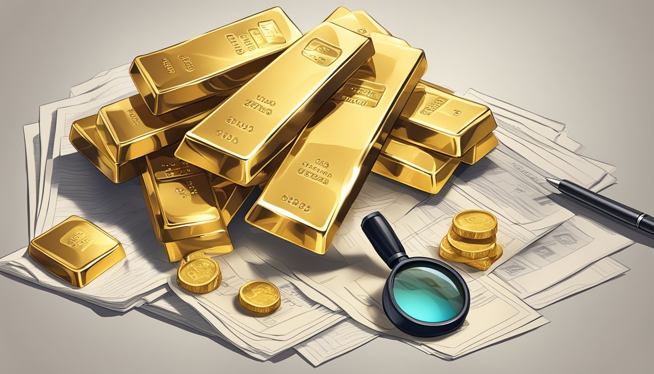 A stack of gold bars on a table with a magnifying glass and financial documents nearby