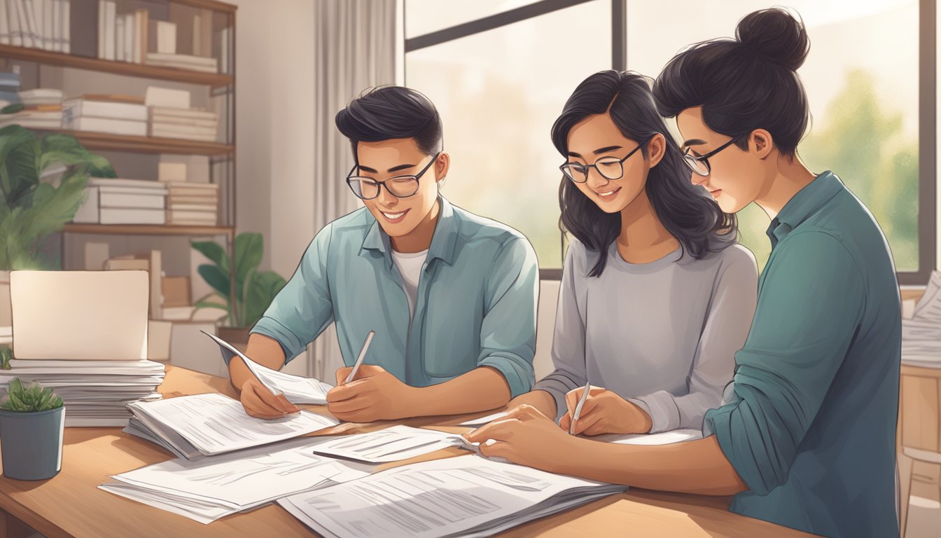 A couple sits at a table, reviewing paperwork for their home loan refinancing in Singapore. The room is filled with natural light, creating a warm and inviting atmosphere