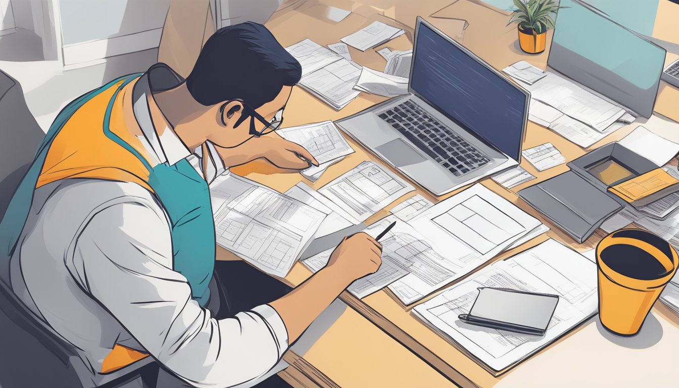 A person sitting at a desk, reviewing paperwork and comparing different home loan refinancing options from DBS bank in Singapore