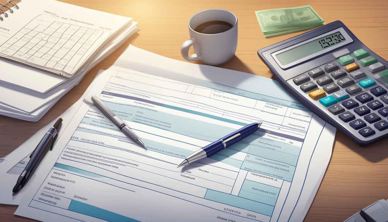 A stack of documents, including identification, property deeds, and financial statements, laid out on a desk with a pen and calculator nearby
