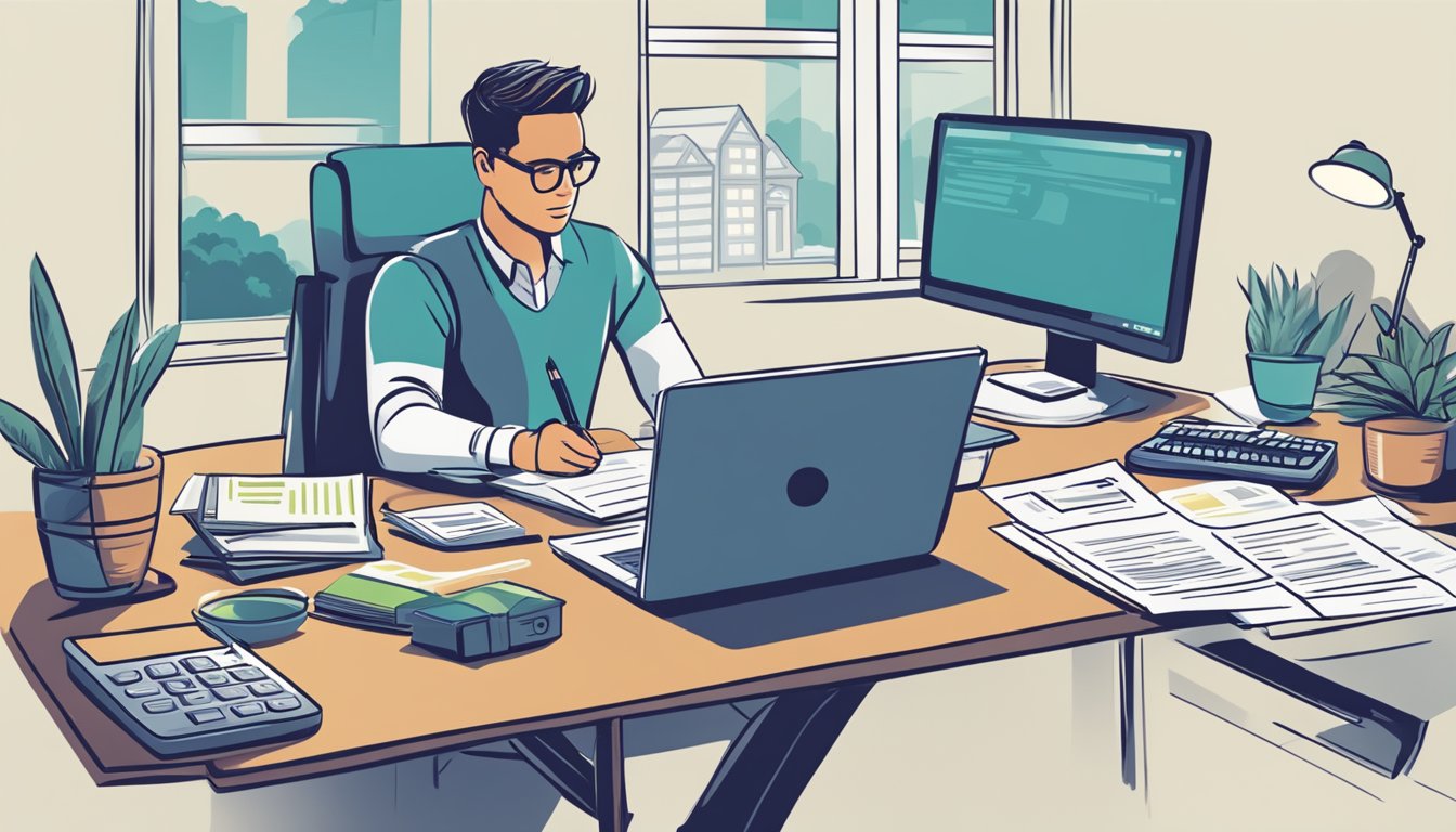 A person sitting at a desk with a laptop and paperwork, researching and comparing different home loan refinancing options. A calculator and pen are nearby
