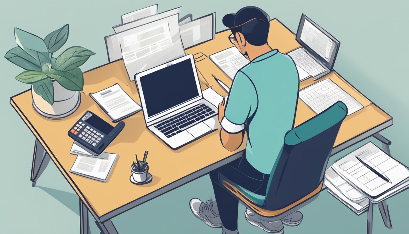 A person is sitting at a desk, reviewing documents for a home loan refinancing with DBS. The person has a calculator and pen in hand, with a laptop open to the DBS website showing the benefits of the Multiplier Account