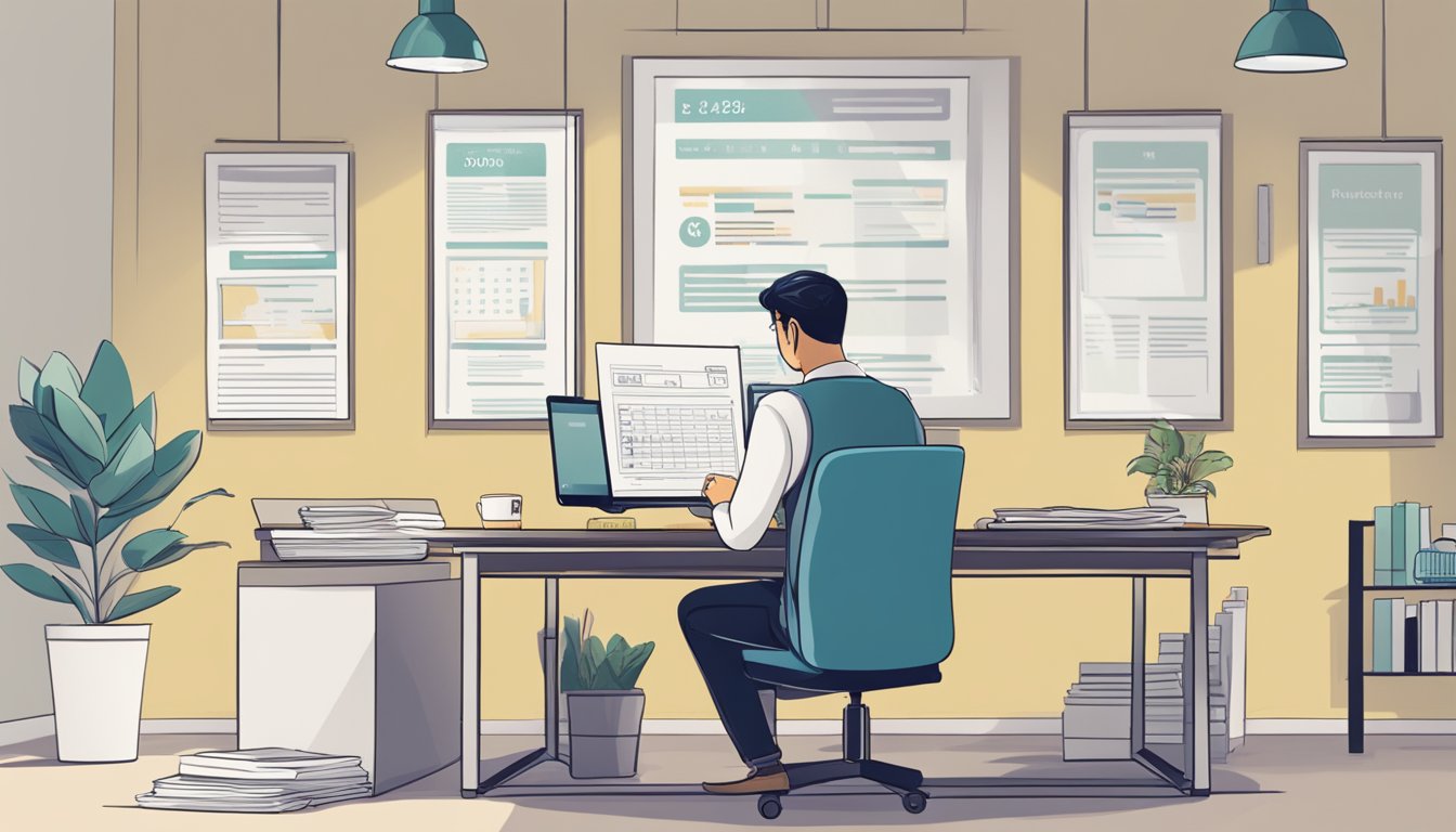A person sits at a desk, reviewing financial documents with a calculator and laptop open. A sign on the wall reads "DBS Home Loan Refinancing Singapore."