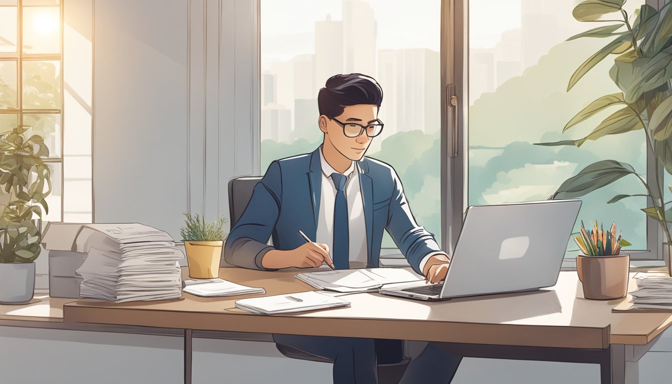 A person sits at a desk with a laptop, reviewing documents labeled "Frequently Asked Questions dbs home loan refinancing singapore." The room is well-lit with natural sunlight streaming in through a window
