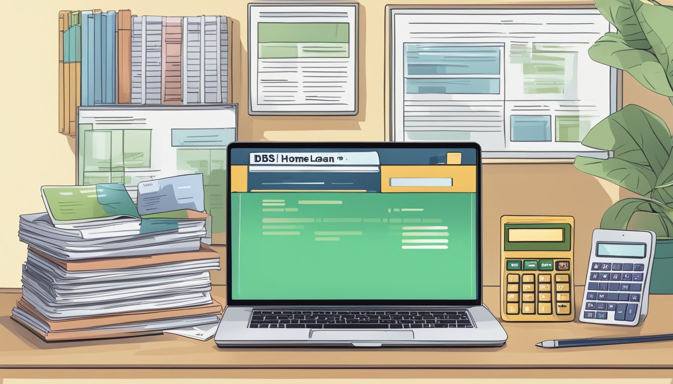A family home in Singapore with a laptop displaying a "DBS Home Loan Repayment" webpage, surrounded by financial documents and a calculator