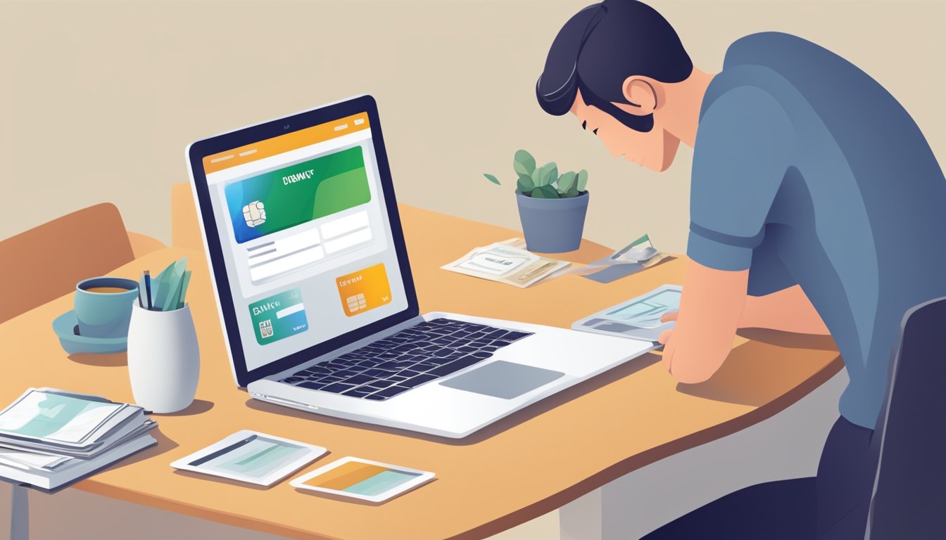 A person making a monthly payment online for their DBS home loan, with a laptop and bank card on a desk
