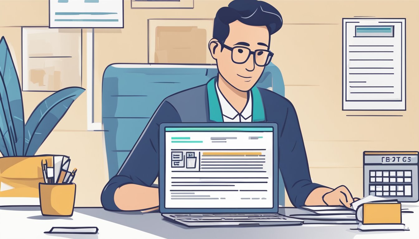 A person fills out a loan application form at a desk with a laptop and documents. The words "Eligibility and Application Process dbs home loan repayment singapore" are displayed prominently on the screen