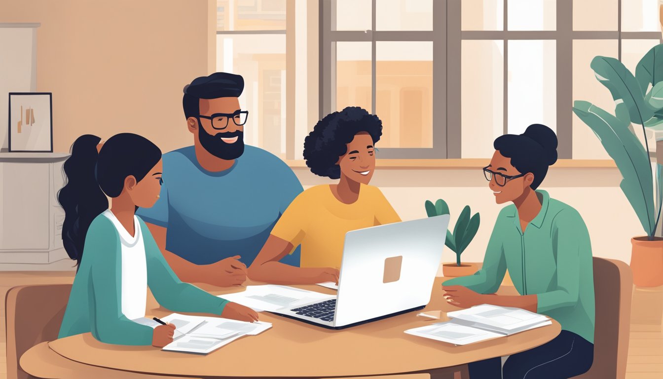 A family sits around a table, discussing DBS home loan options. A laptop and documents are spread out as they compare repayment plans