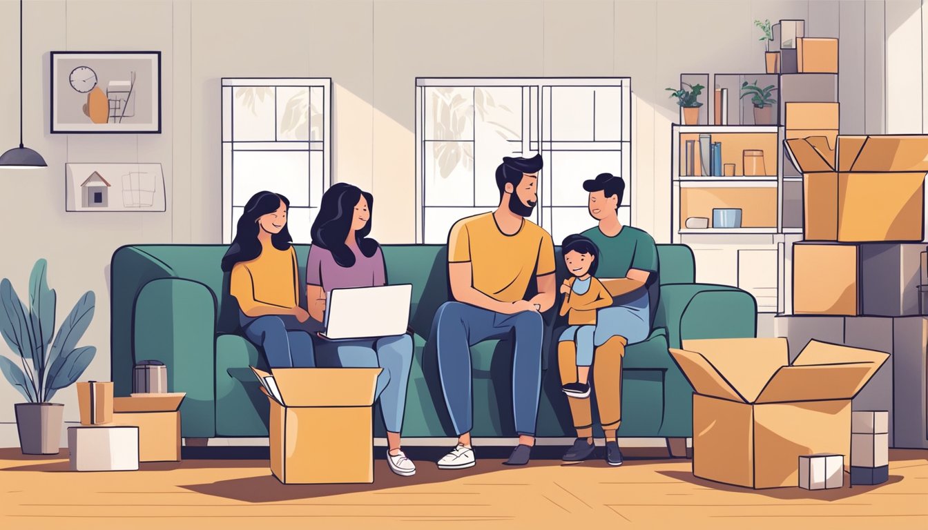 A family happily moves into their new home, surrounded by boxes and furniture. They smile as they discuss the benefits of their DBS home loan