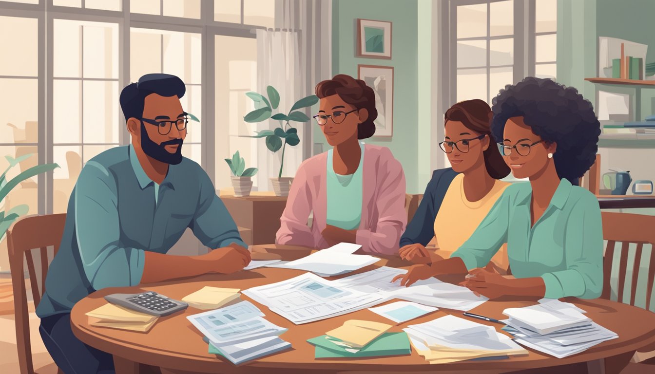 A family sits around a table, discussing home loan repayment options. Papers and calculators are spread out as they consider financial considerations