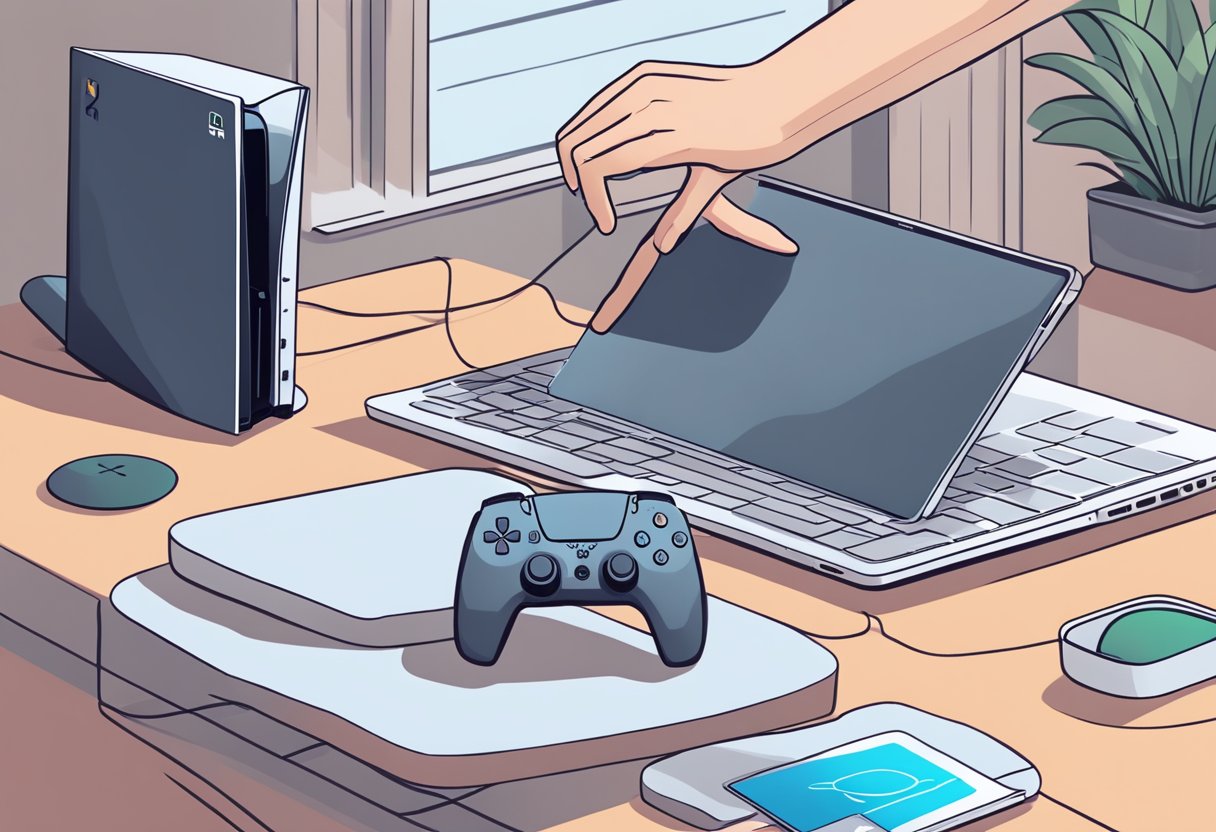 A hand reaches for a PS5 console, next to it a laptop with a troubleshooting guide open. A Wi-Fi router blinks in the background