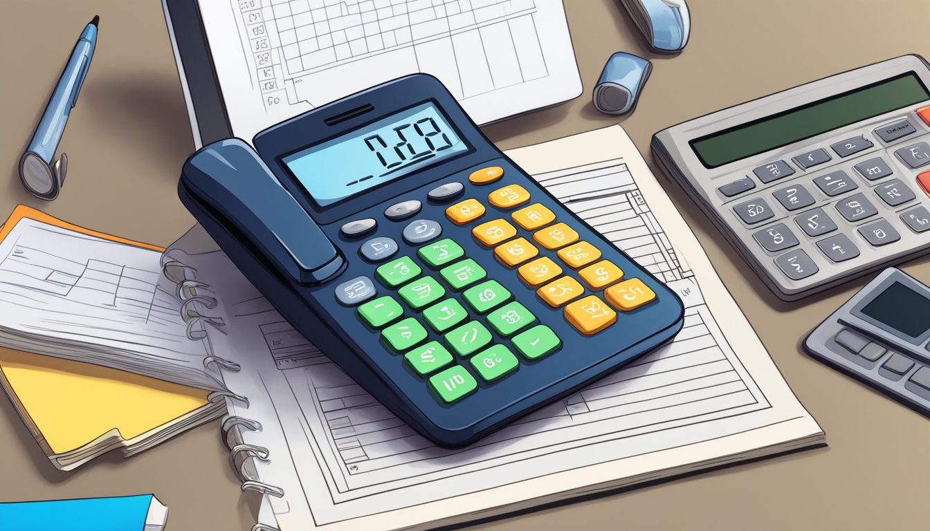 A phone with the DBS logo on the screen, surrounded by paperwork and a calculator, with a hotline number displayed