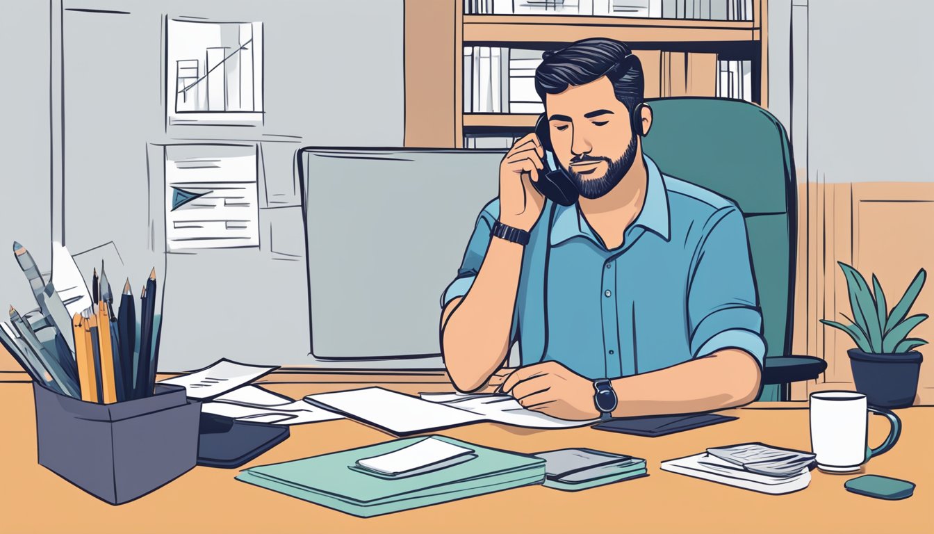 A person sitting at a desk, talking on the phone with a DBS housing loan hotline representative, while holding a pen and paper to take notes