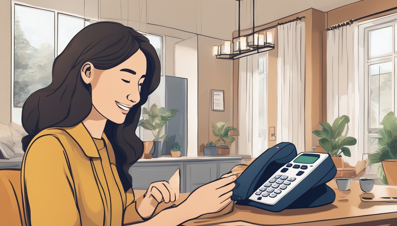 A person dialing the DBS housing loan hotline with a phone in hand. The background shows a cozy home with a "DBS" logo displayed prominently