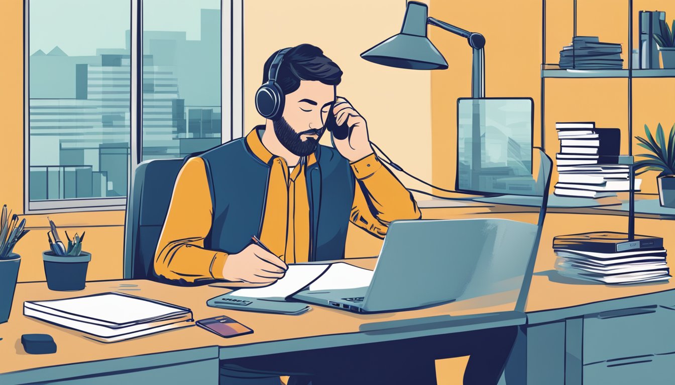 A person making a phone call to the DBS housing loan hotline, with a laptop and paperwork on a desk