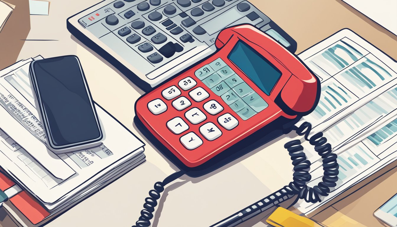 A phone with "DBS Housing Loan Hotline Singapore" displayed, surrounded by financial documents and a calculator