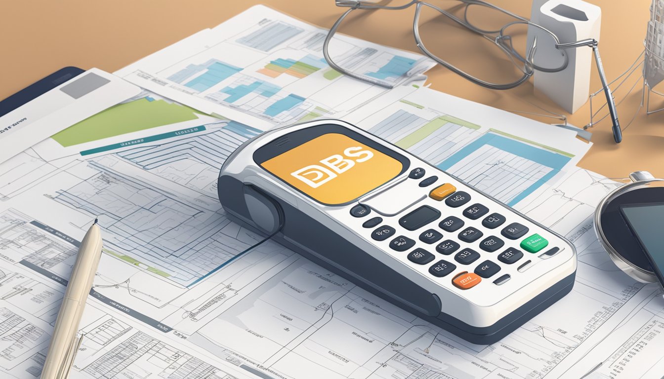 A phone with "DBS Housing Loan Hotline Singapore" displayed, surrounded by regulatory documents and market trend charts