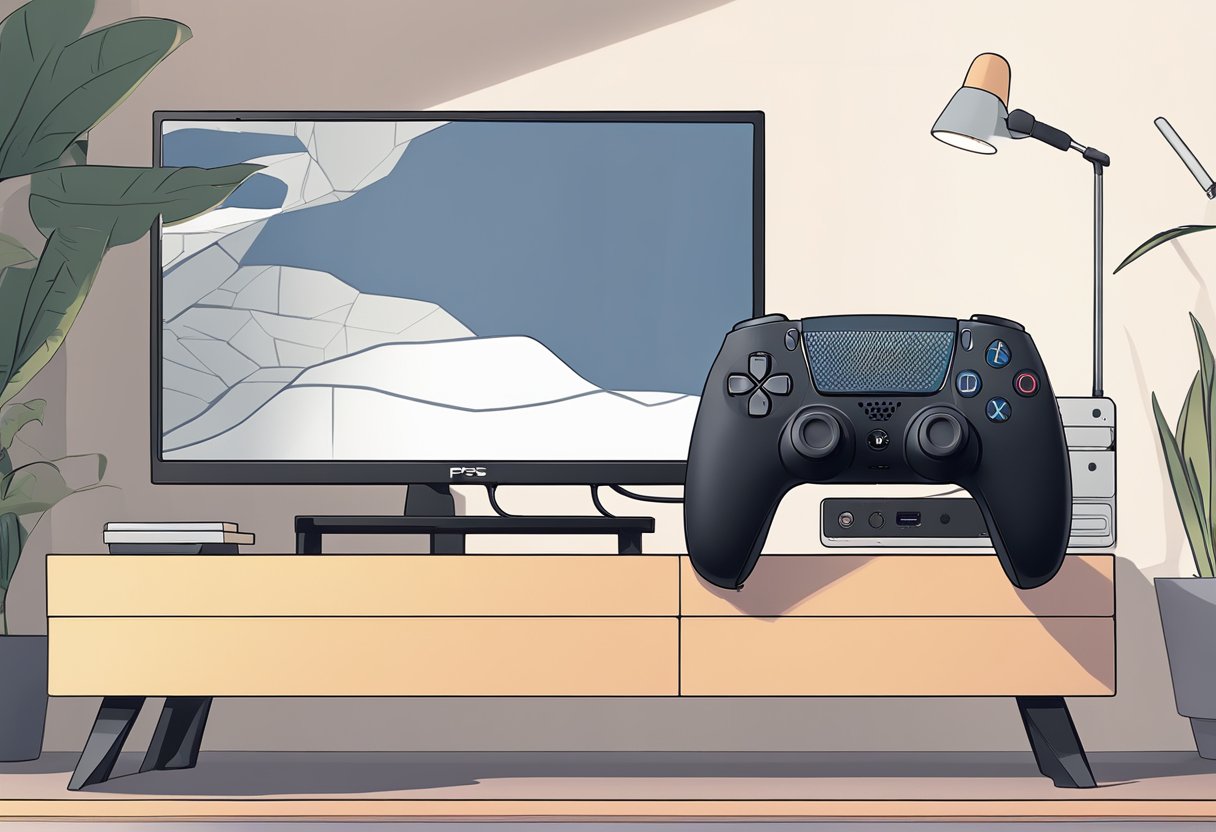 The PS5 console sits on a TV stand, with a controller nearby. The screen shows an error message indicating the console is not entering rest mode