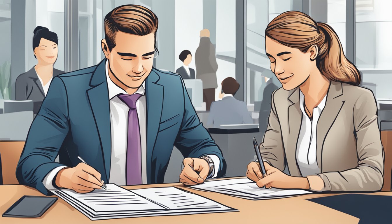 A couple sits at a bank, signing forms together. A bank officer explains joint account benefits. The DBS logo is visible