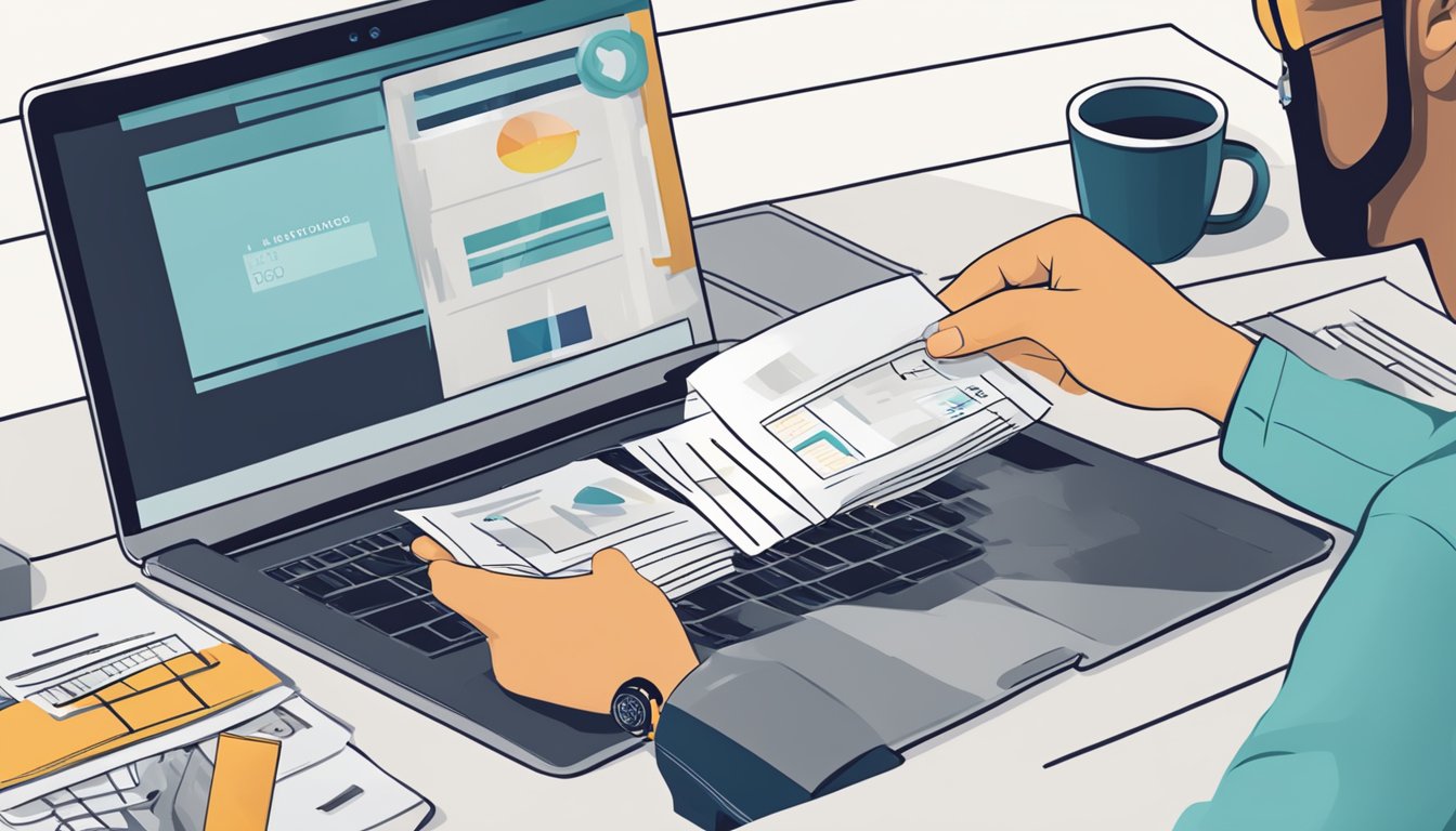 A couple's hands holding a joint account passbook with the DBS logo, surrounded by financial documents and a laptop