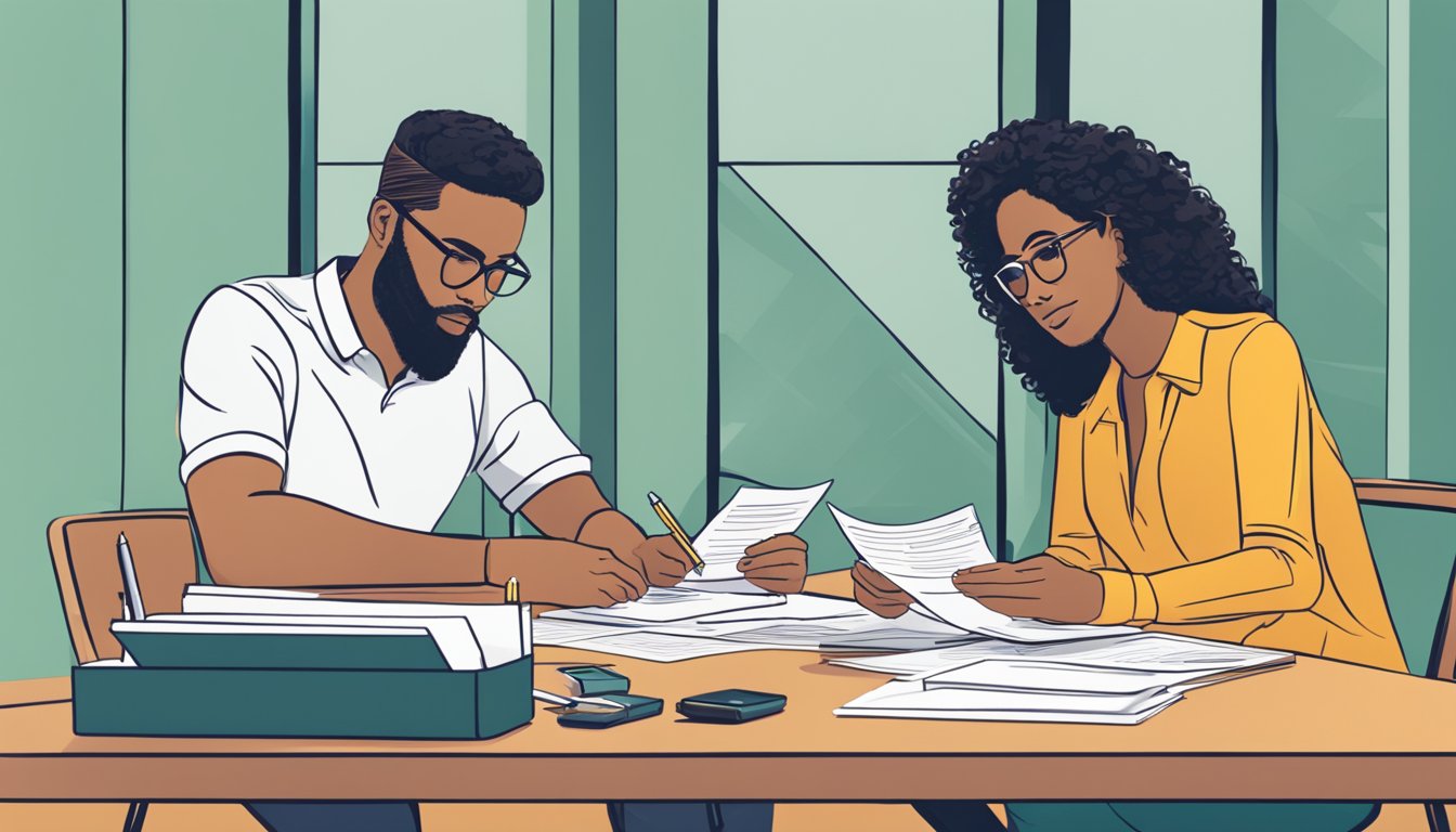 A couple sits at a table, filling out forms for a DBS Joint Account. Papers, pens, and a laptop are spread out in front of them