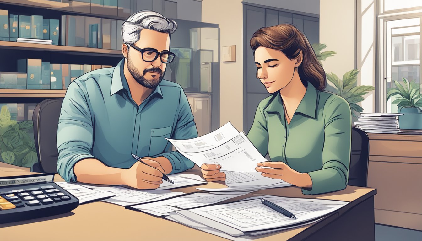 A couple sits at a desk, reviewing bank statements and discussing joint account finances. Papers and a calculator are spread out in front of them