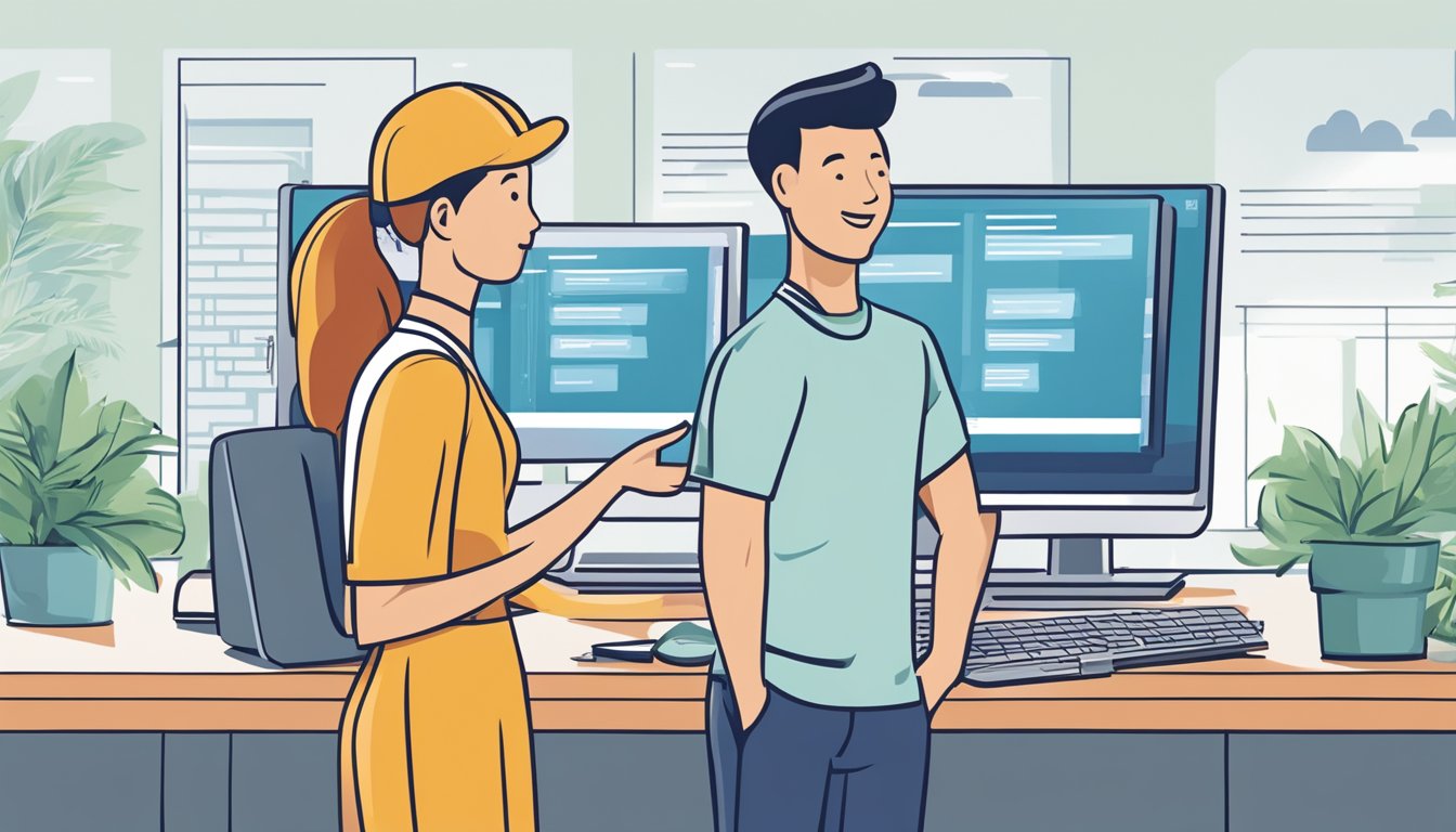 Two people standing side by side, smiling and pointing at a computer screen displaying the features and services of a DBS joint account in Singapore