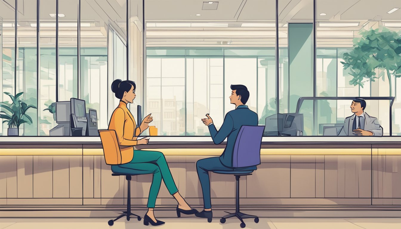 A couple discussing joint account options at a bank in Singapore