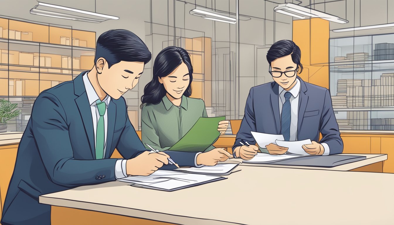 Two people sitting at a desk, filling out forms and providing identification documents to open a joint bank account at a DBS branch in Singapore