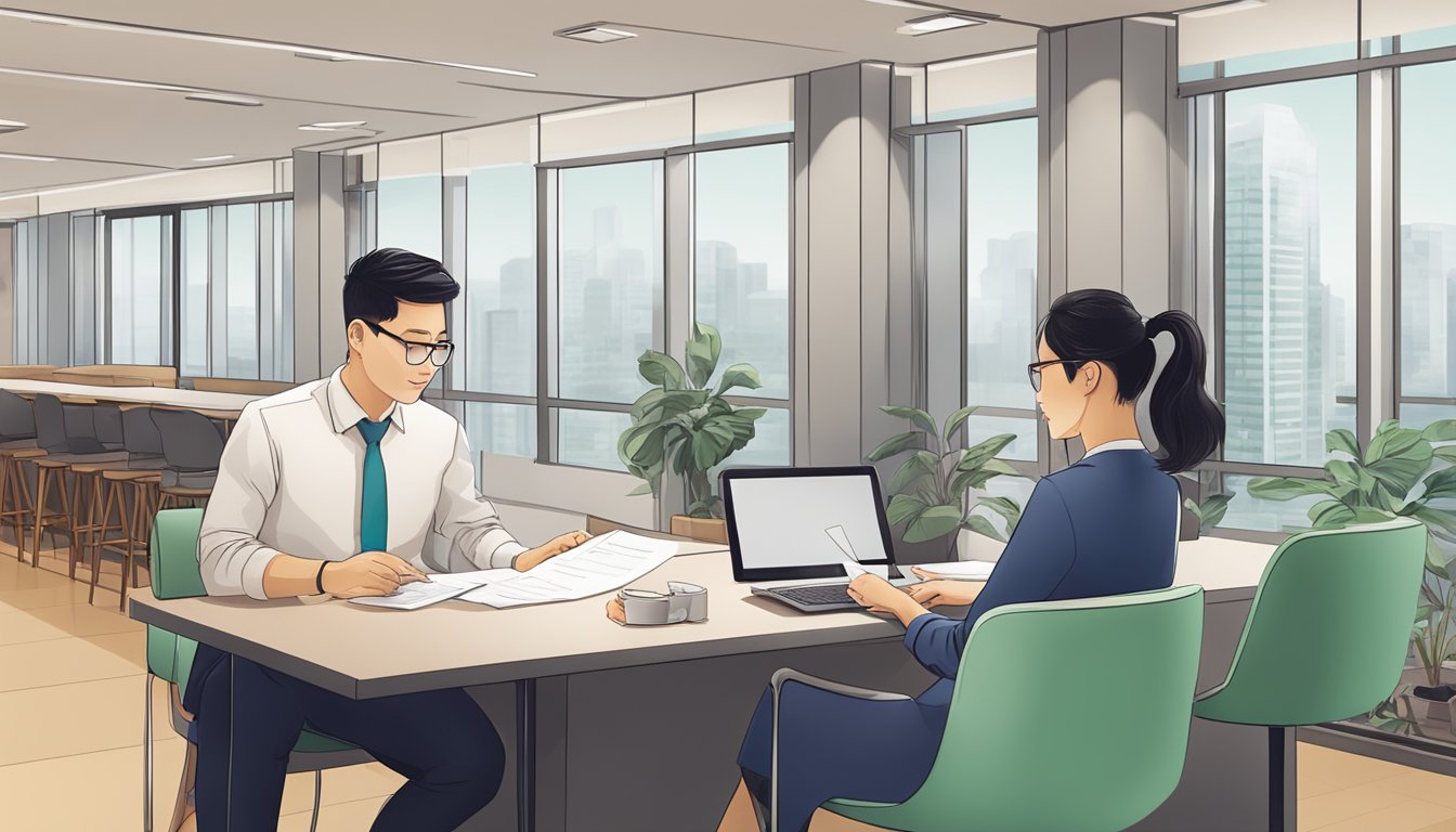 A couple reviewing documents at a bank, discussing joint account requirements for DBS in Singapore