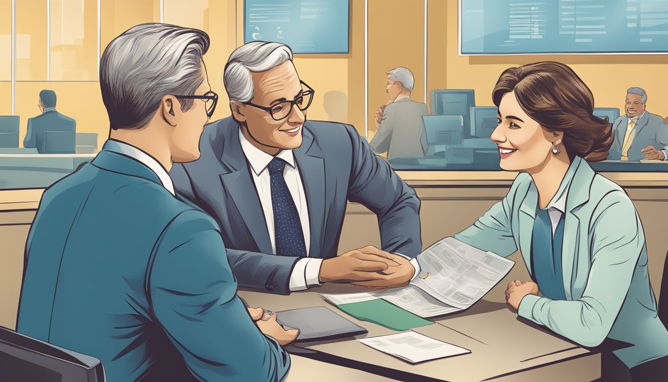 A couple discussing joint account features at a bank, with a friendly banker explaining the benefits