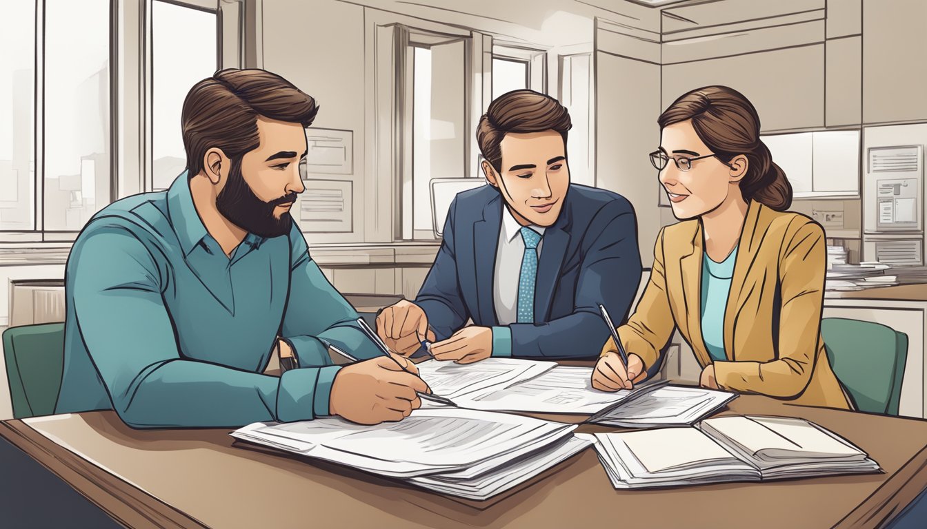 A couple sits at a table, reviewing paperwork with a bank representative. The couple points to a document, while the representative explains joint account requirements