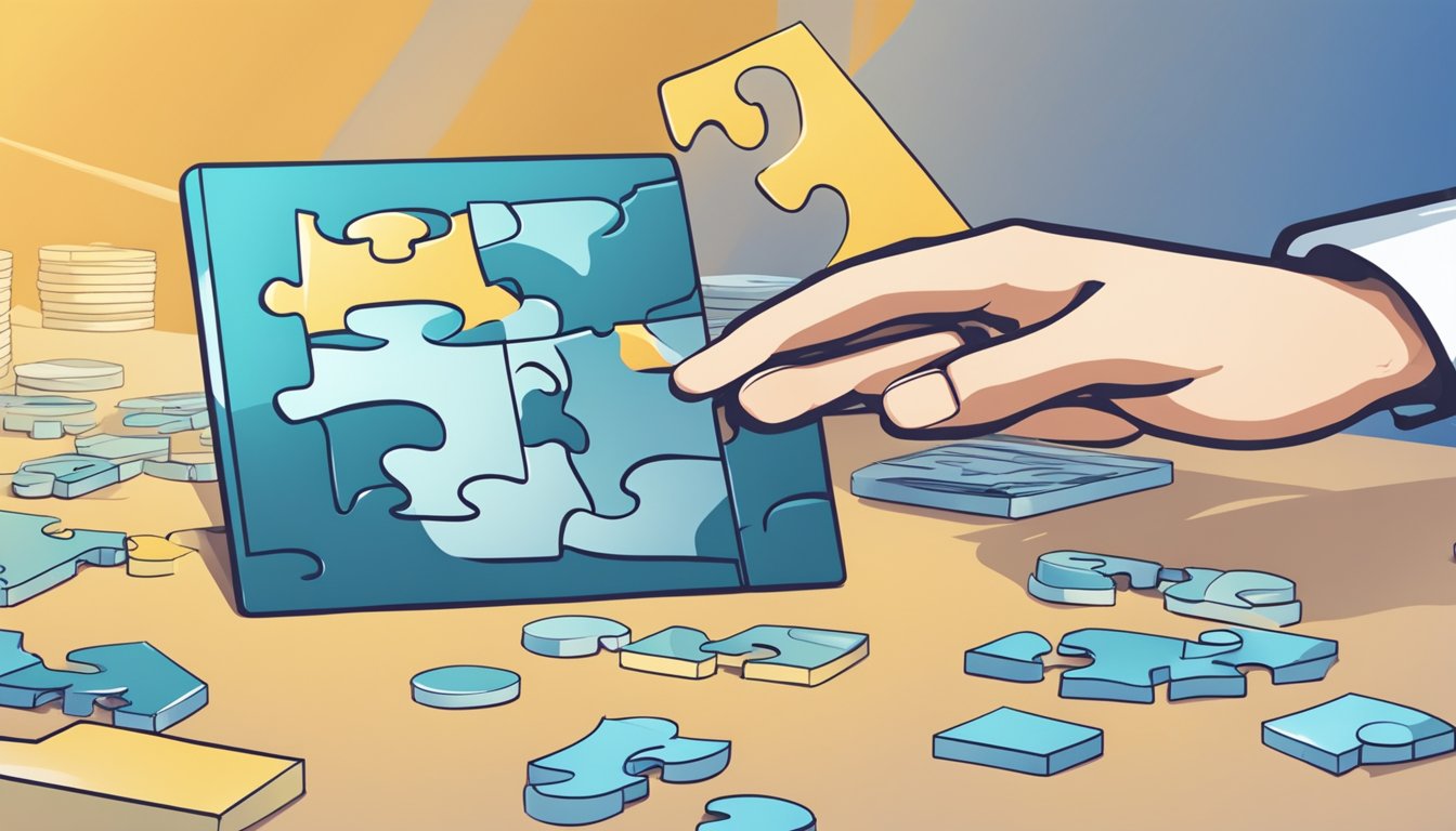 A hand reaching out to connect two puzzle pieces labeled "Leveraging Your Account" and "Future Planning" on a table with a "DBS Joint All Account Singapore" logo in the background