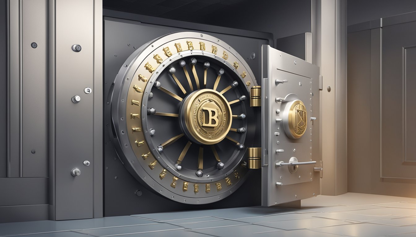 A secure bank vault with the DBS logo, surrounded by a shield symbolizing trust