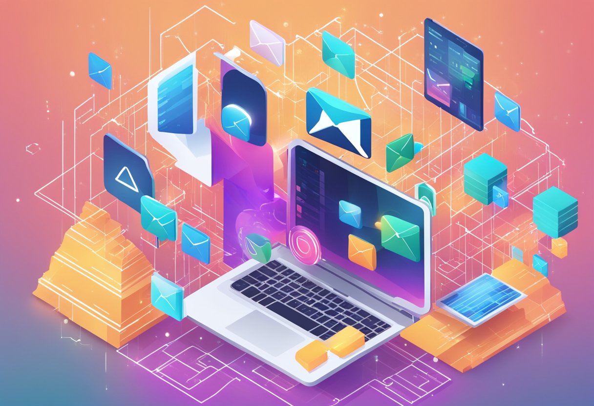 A vibrant digital landscape with towering email icons, surrounded by data streams and growth charts, symbolizing dominance in the email marketing industry Best Email Marketing Tools