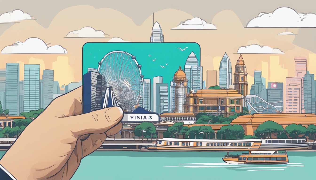 A hand holding a DBS KrisFlyer card against a backdrop of iconic Singapore landmarks