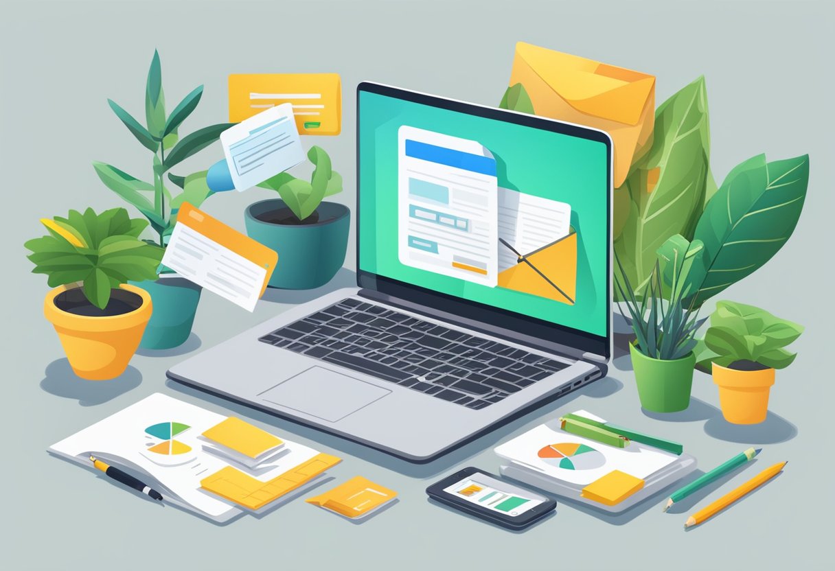 A laptop surrounded by vibrant email marketing tools and growing plants, symbolizing growth and dominance in email list strategies