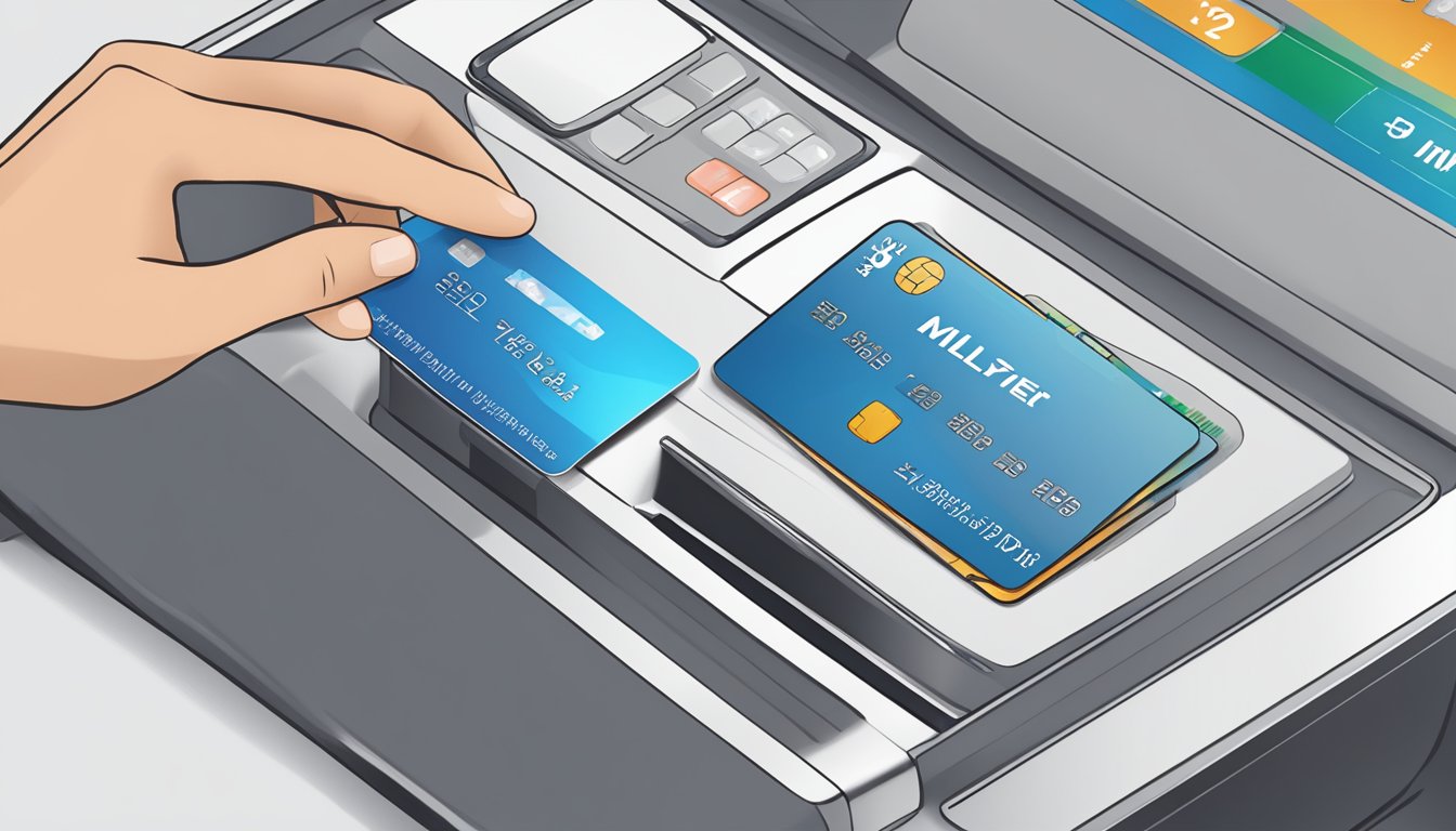 A hand holds a KrisFlyer card while selecting a flight or upgrade using miles. The screen displays options for redemption