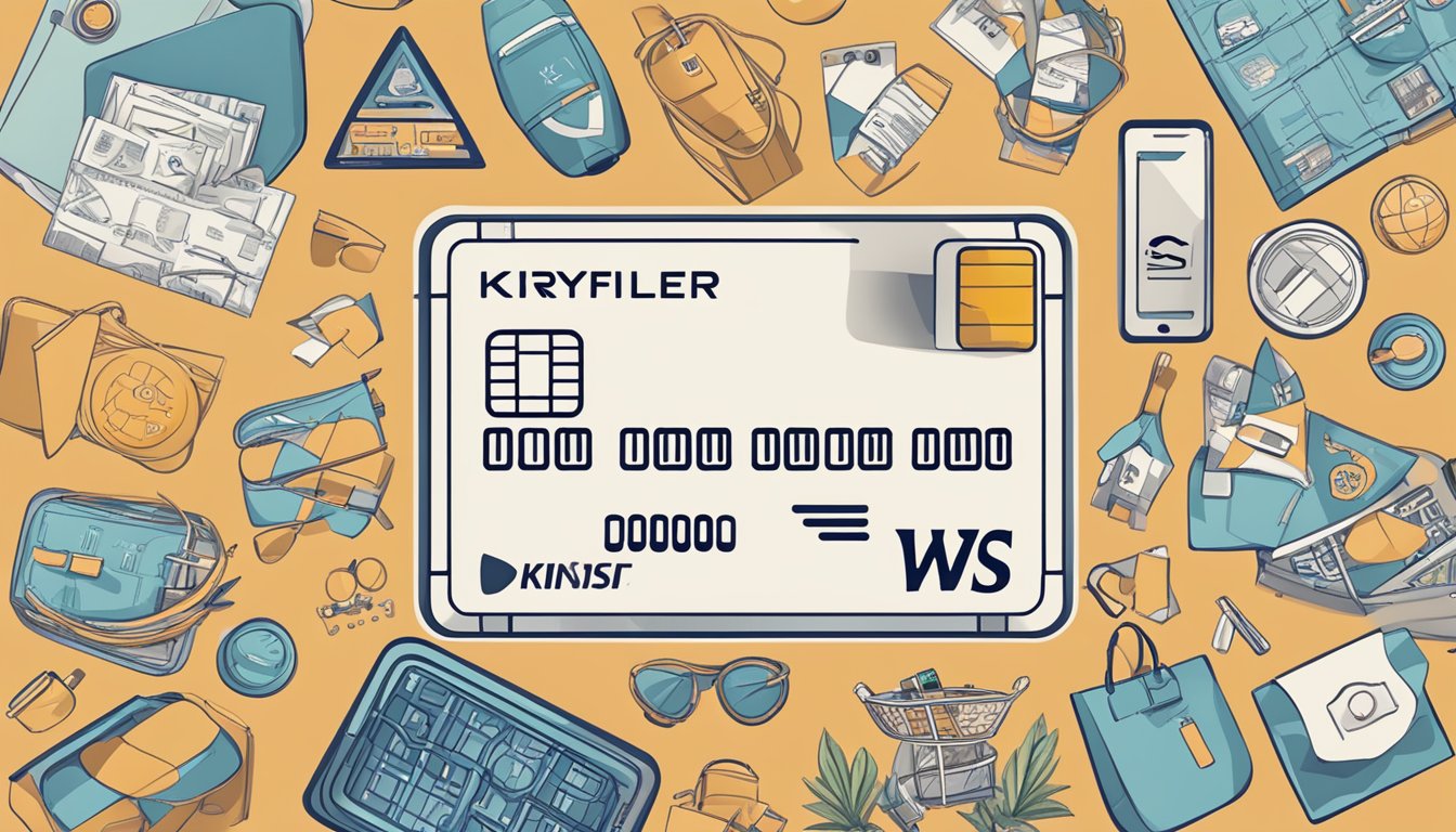 A sleek, modern credit card with the DBS and KrisFlyer logos, surrounded by icons representing travel, dining, and shopping perks