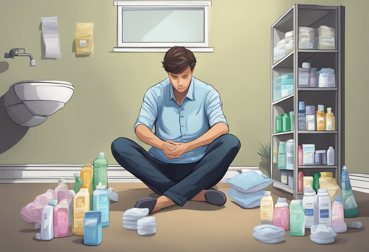 A person sitting alone, looking distressed, surrounded by empty incontinence products