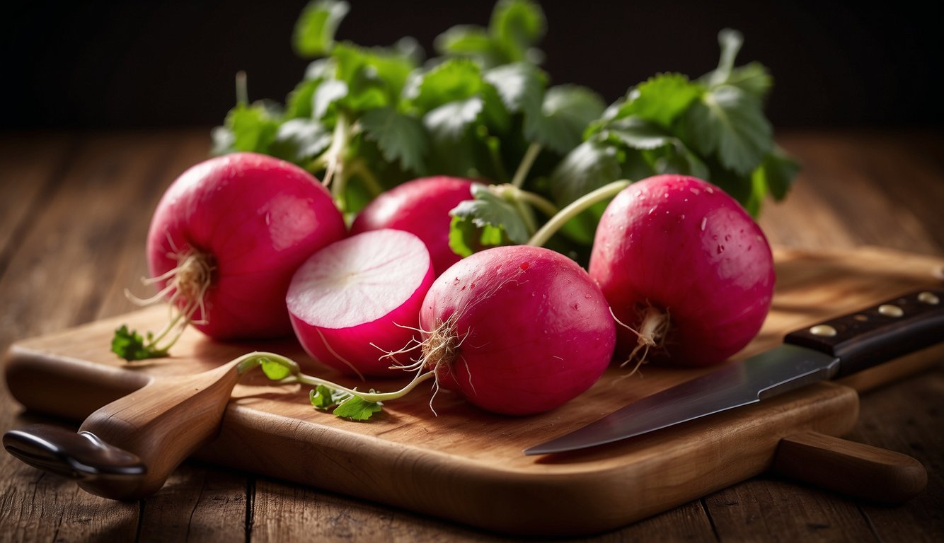 Various types of radishes arranged on a wooden cutting board, with a knife and cutting board in the background