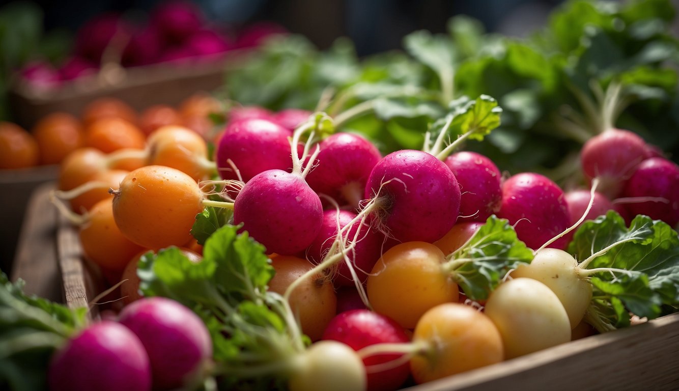 Various radishes arranged in a colorful display, showcasing their different shapes, sizes, and colors. Each radish exudes a unique flavor profile waiting to be discovered