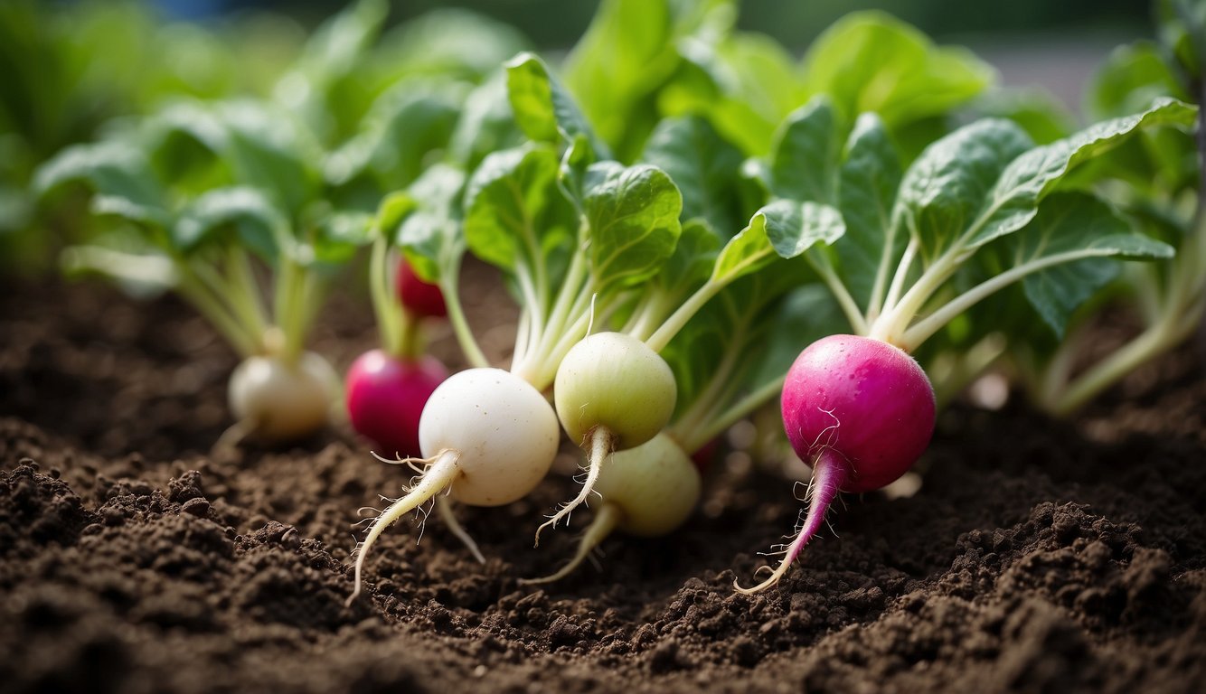 Lush soil, vibrant green leaves, and various types of radishes growing in a garden