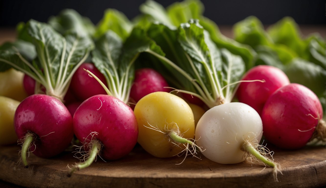 A variety of radishes arranged in a colorful display, with labels indicating nutritional information such as calories, vitamins, and minerals