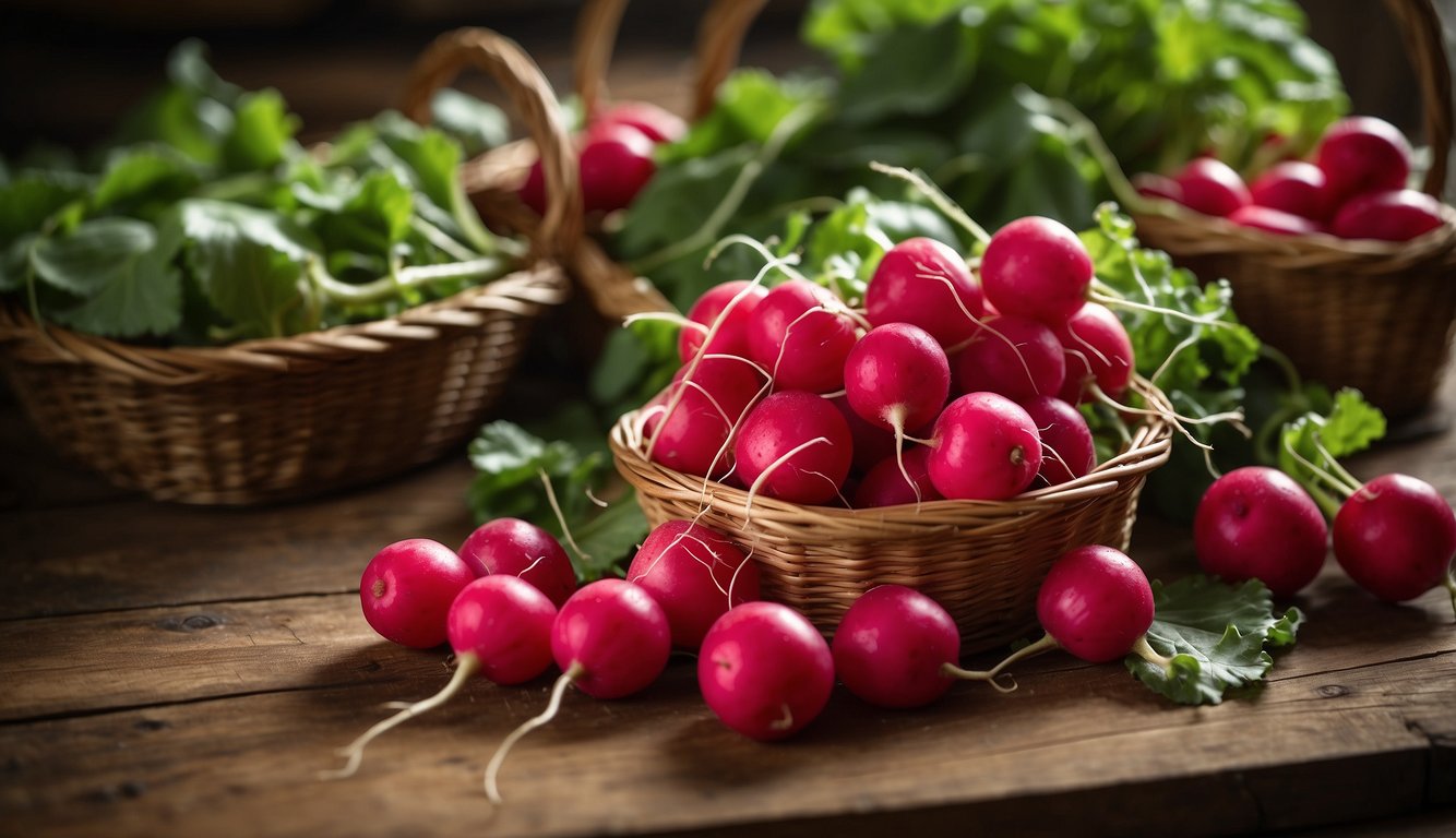 Various radishes displayed on a wooden table with a variety of colors, shapes, and sizes. Some are round and red, while others are long and white. A basket of radishes sits nearby for storage