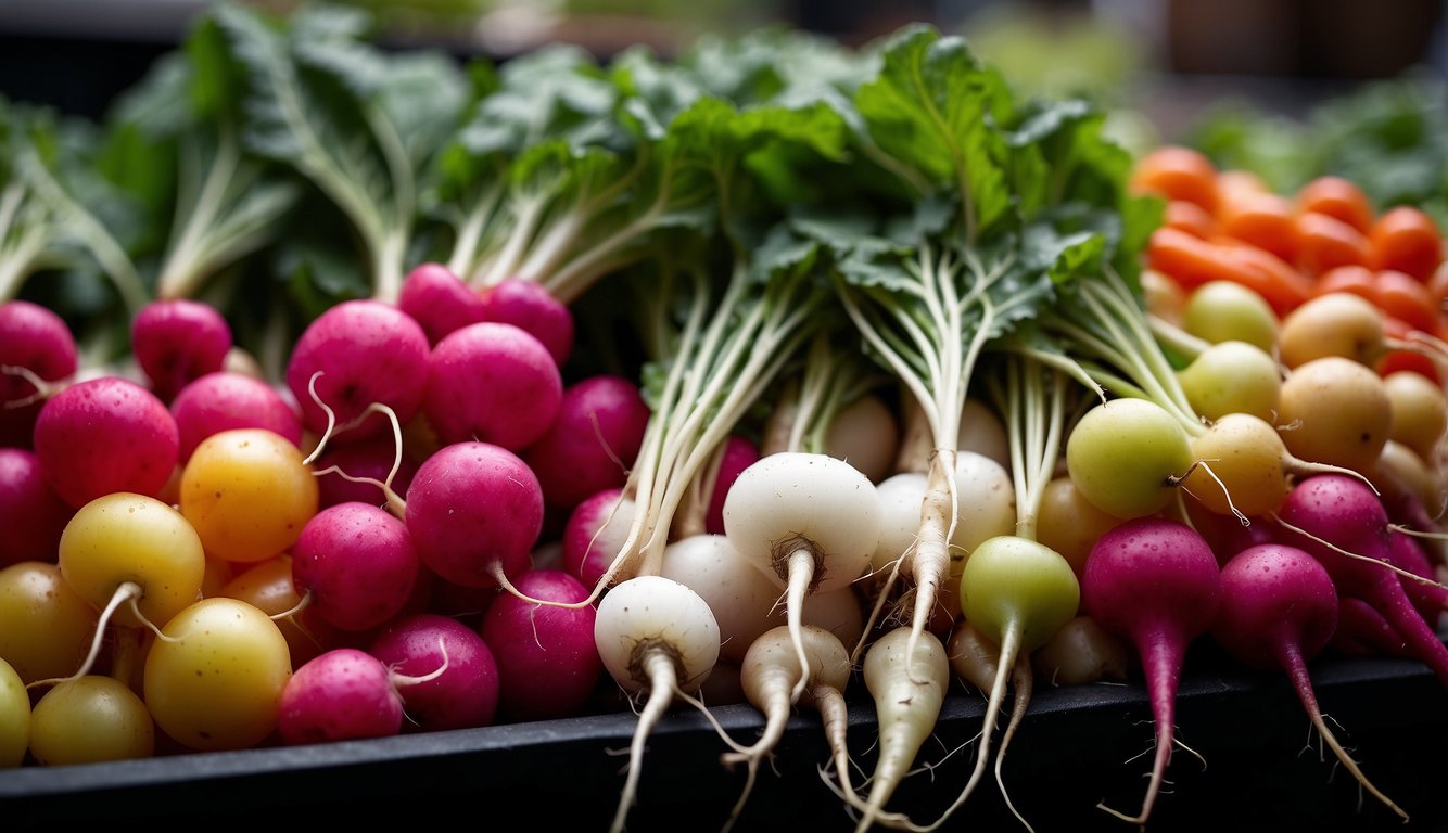 A variety of radishes from different cultures arranged in a colorful display, showcasing their cultural significance